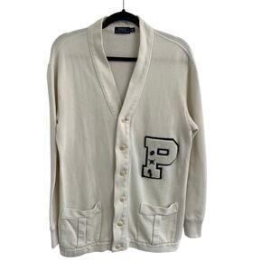 Polo Ralph Lauren Letterman Patch Button Up Varsity Cardigan Cream Mens XL AS IS